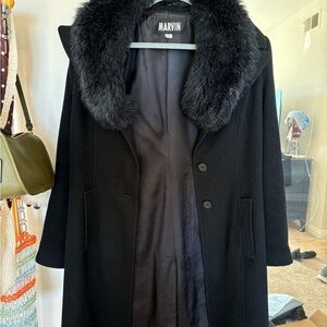 Marvin Richards vintage Black Pea Coat with Faux Fur detachable Collar